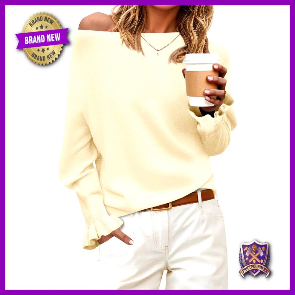 Boat Neck Batwing Sweater Dolman Sleeve Ruffle Cuff Pullover Loose Knit Top